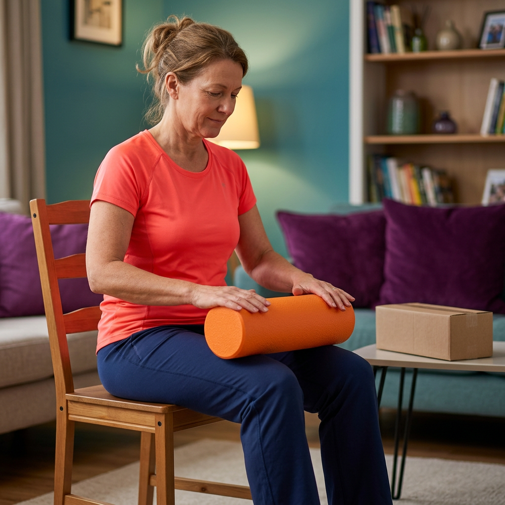 Seated woman gently rolling the cylinder by hand over clothed thighs
