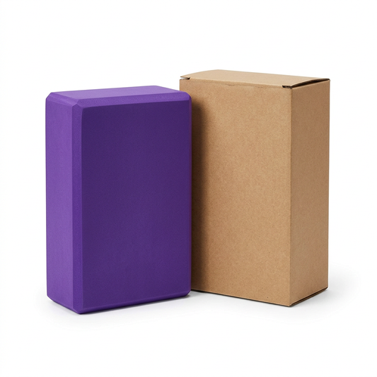 Single purple yoga block with plain kraft box on white