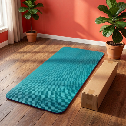 Yoga mat in a colorful home exercise corner