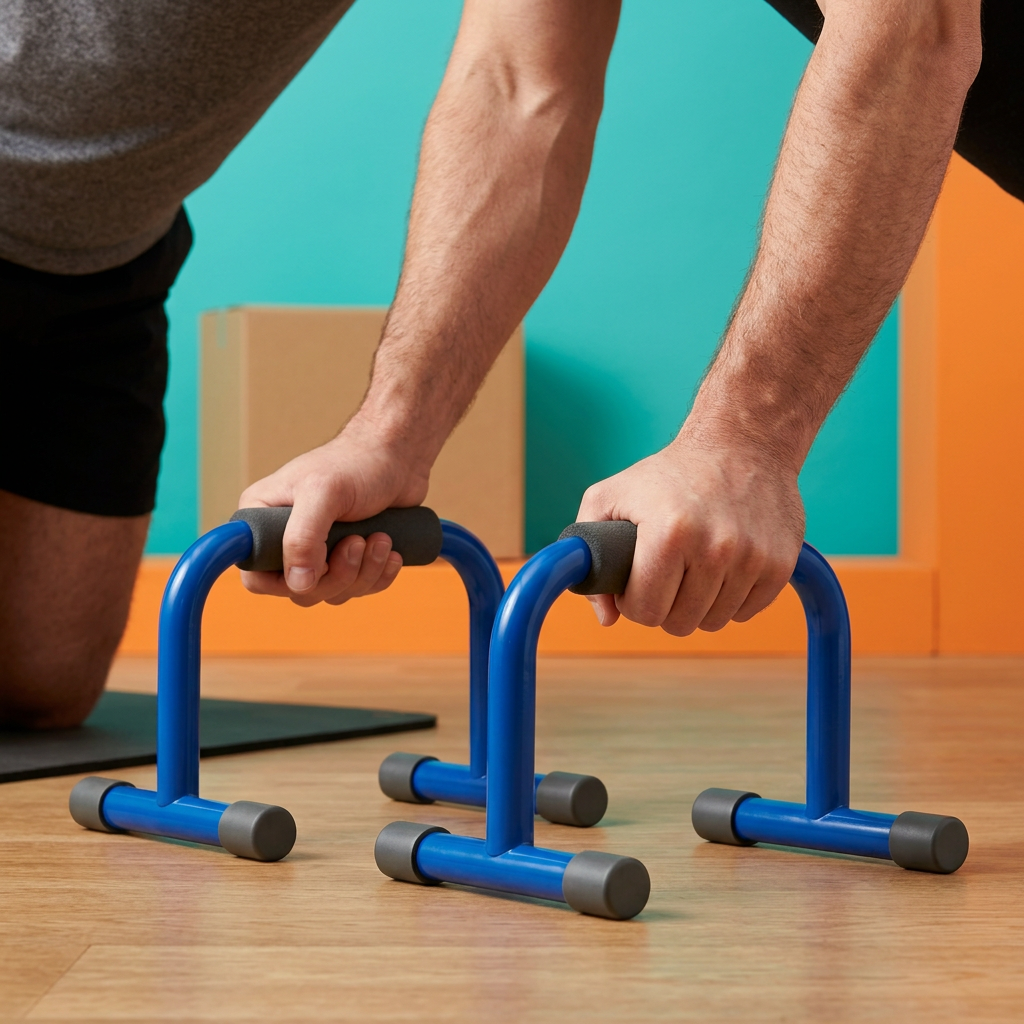Close-up of hands gripping both push-up bars