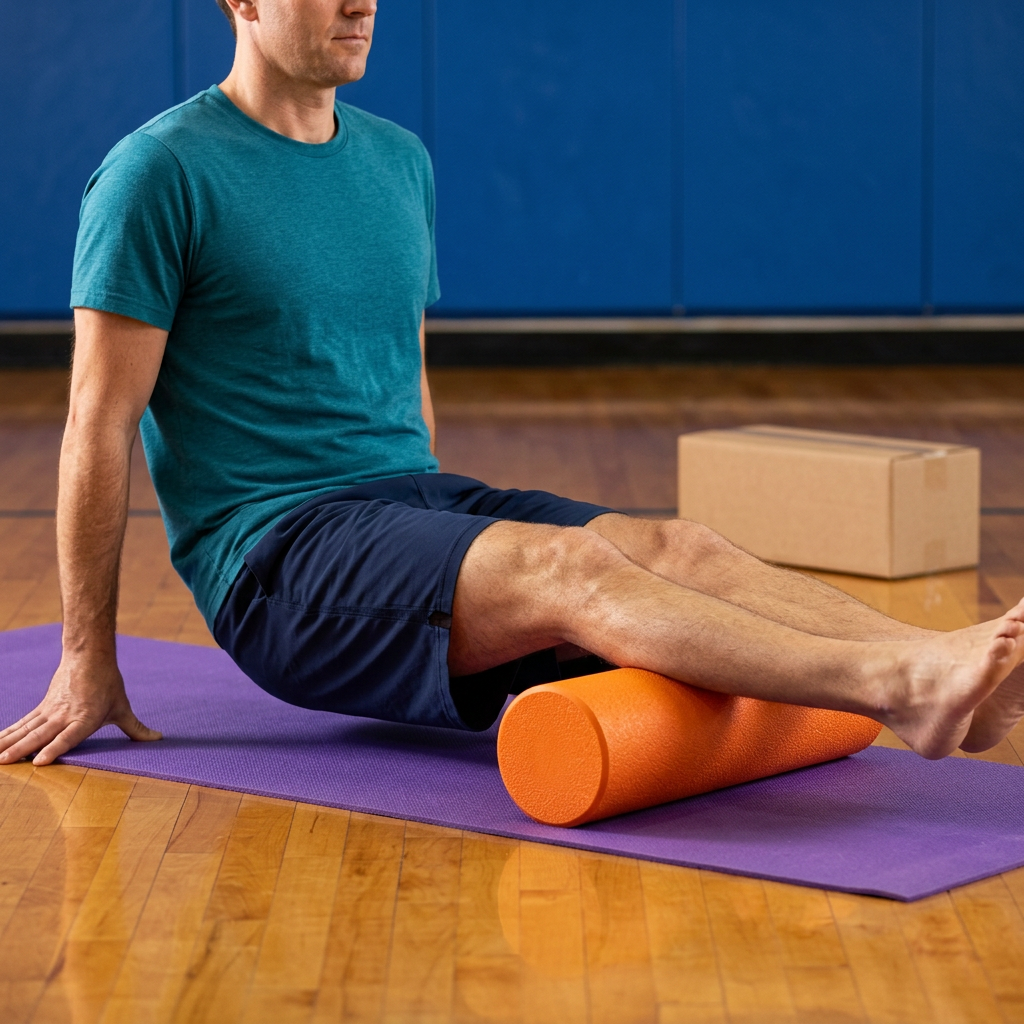 Man using the foam roller beneath his calves in a gym