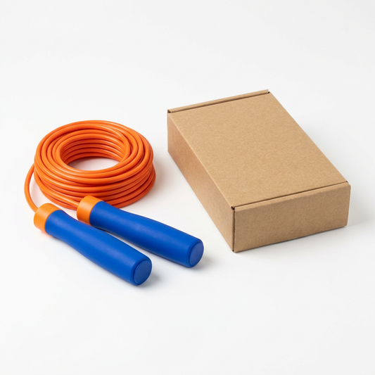 Blue and orange jump rope with plain kraft box on white background