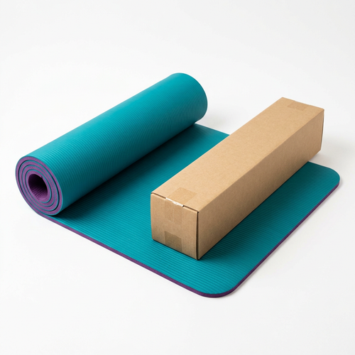 Turquoise and purple yoga mat with plain kraft box on white background