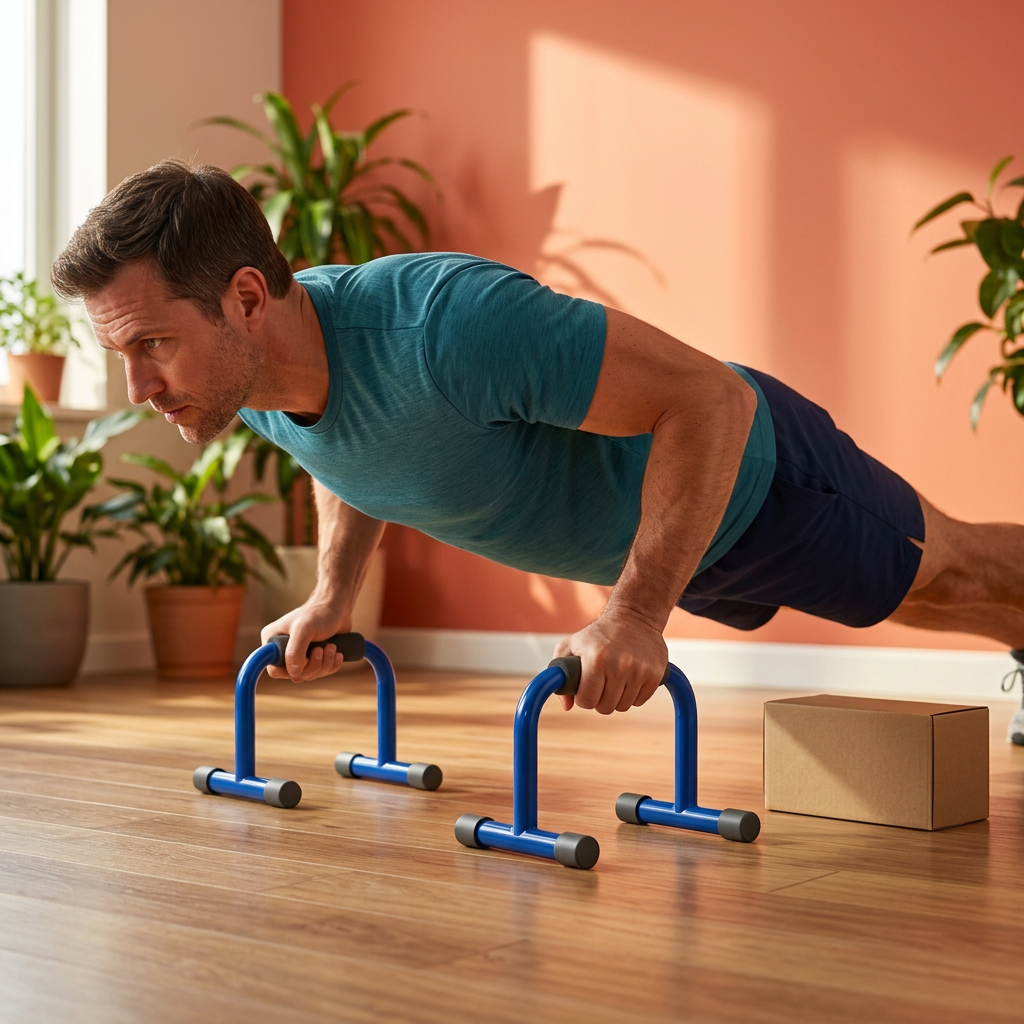 Man using the push-up bars during home training