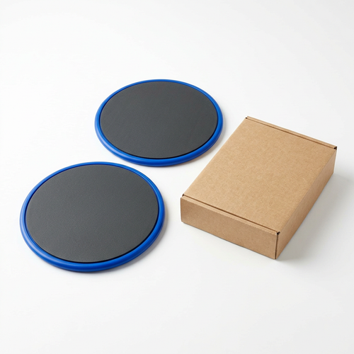 Blue and charcoal exercise disc pair with plain kraft box on white