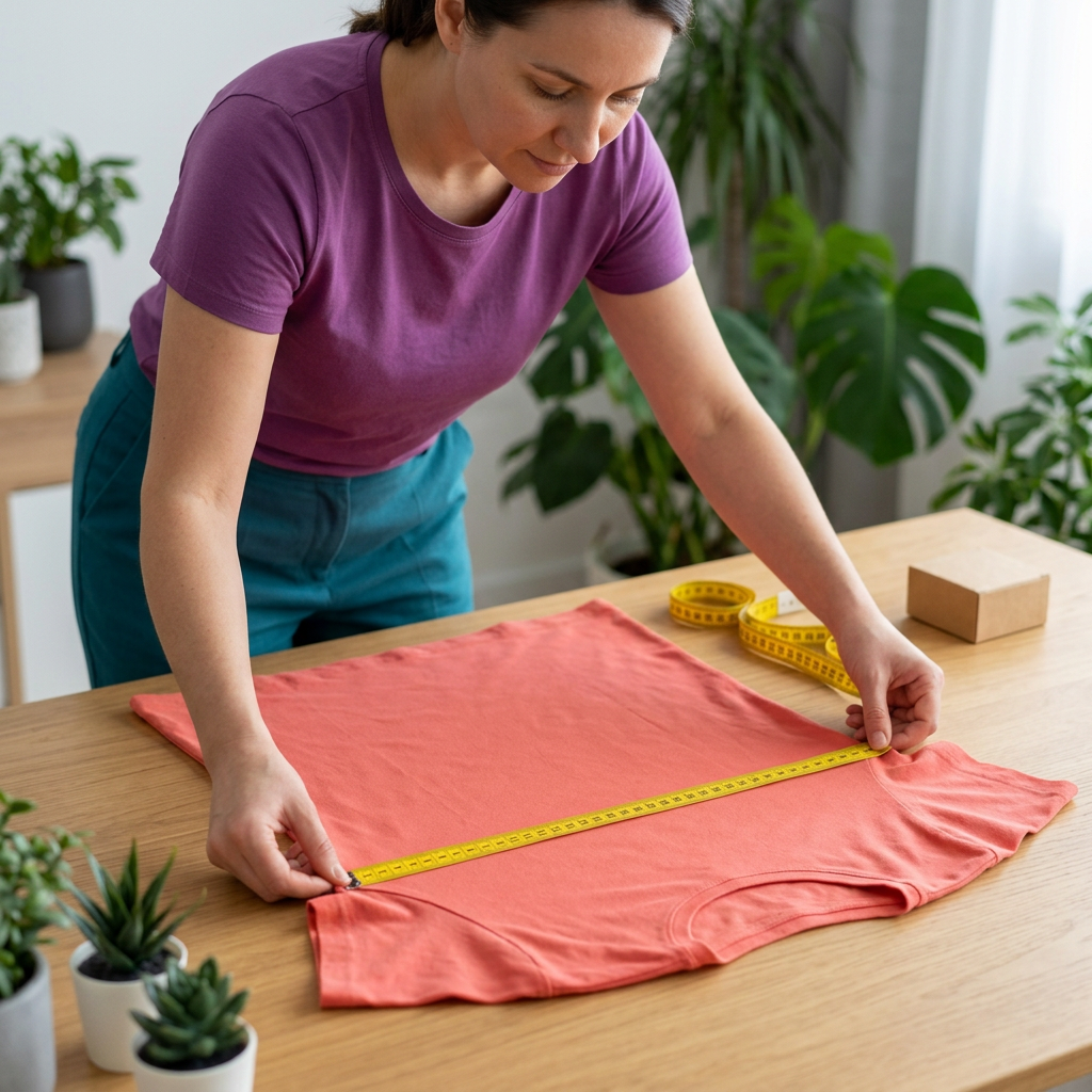 Woman measuring a garment laid flat on a table
