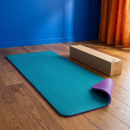 Turquoise yoga mat in a vibrant studio