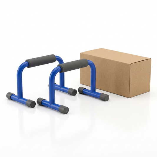 Blue and charcoal push-up bar pair with plain packaging on white