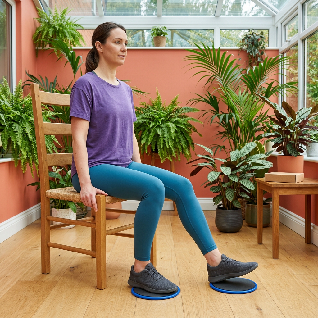 Woman using the disc pair for seated foot movements