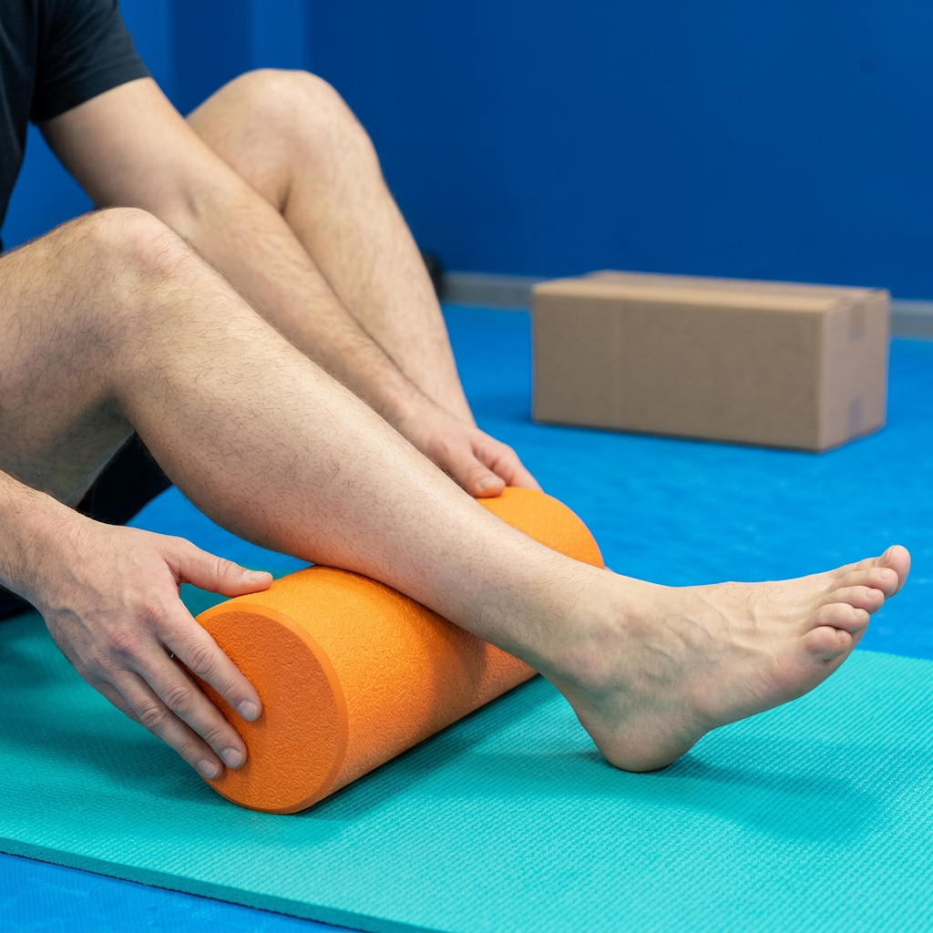 Close-up of hands positioning the roller under a calf