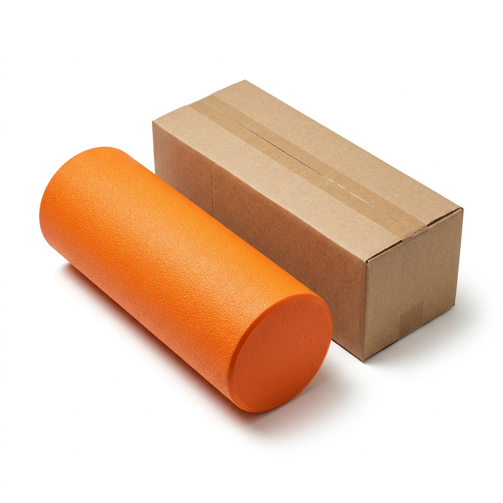 Orange foam roller and plain kraft packaging on white