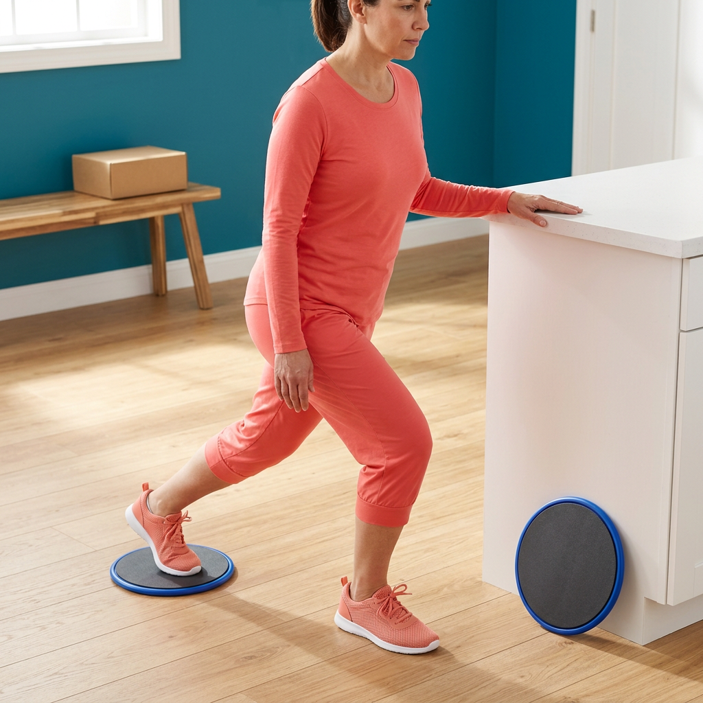 Woman using one disc for a supported short backward slide