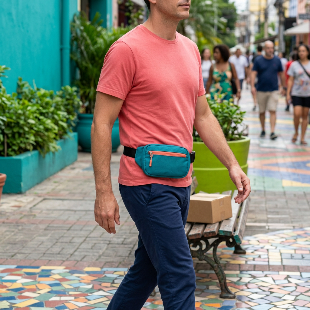 Man wearing waist pack while walking along a promenade