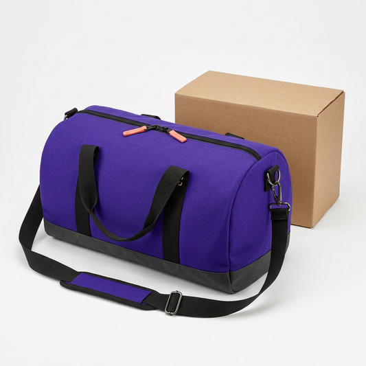 Purple gym duffel and plain kraft packaging on white