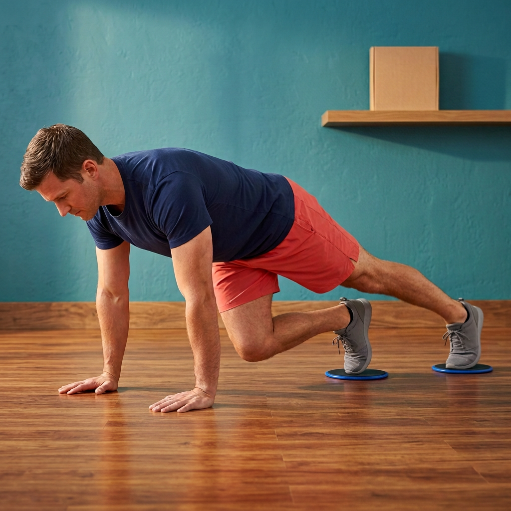 Man using two foot discs during a controlled plank movement
