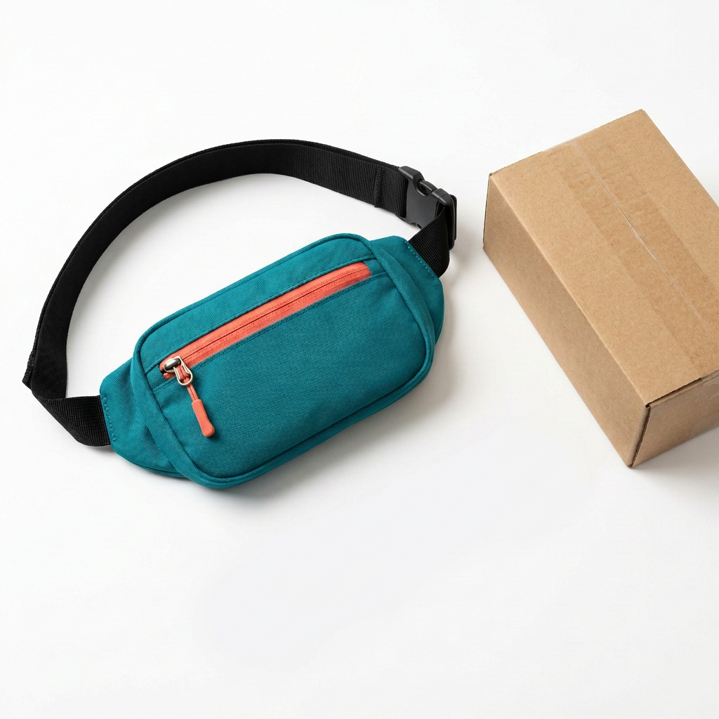 Teal running waist pack with coral zipper and black belt on white