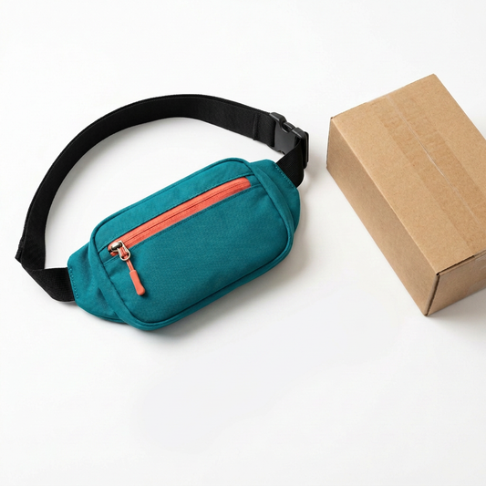 Teal running waist pack with coral zipper and black belt on white