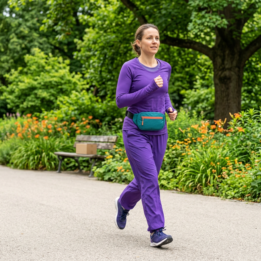 Woman wearing waist pack while jogging in a park