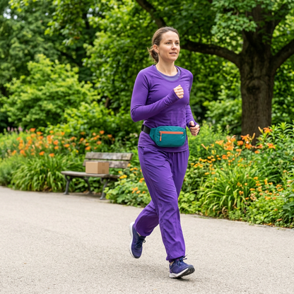 Woman wearing waist pack while jogging in a park