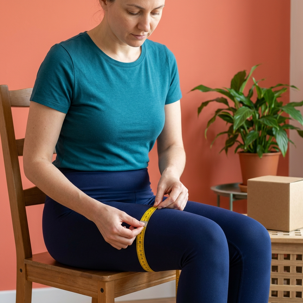 Female model demonstrating measurement over leggings while seated