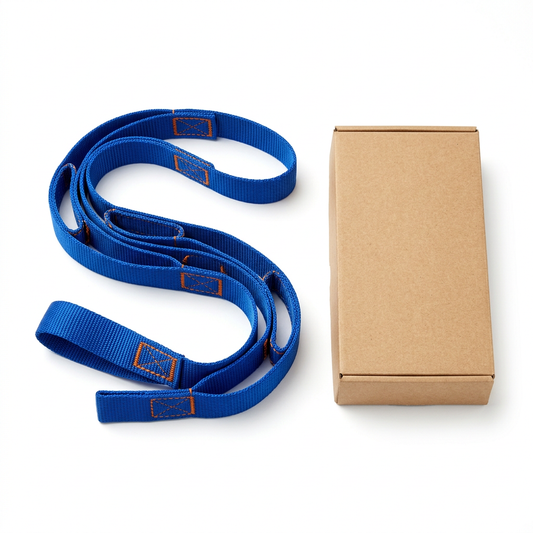 Blue looped stretching strap with plain packaging on white