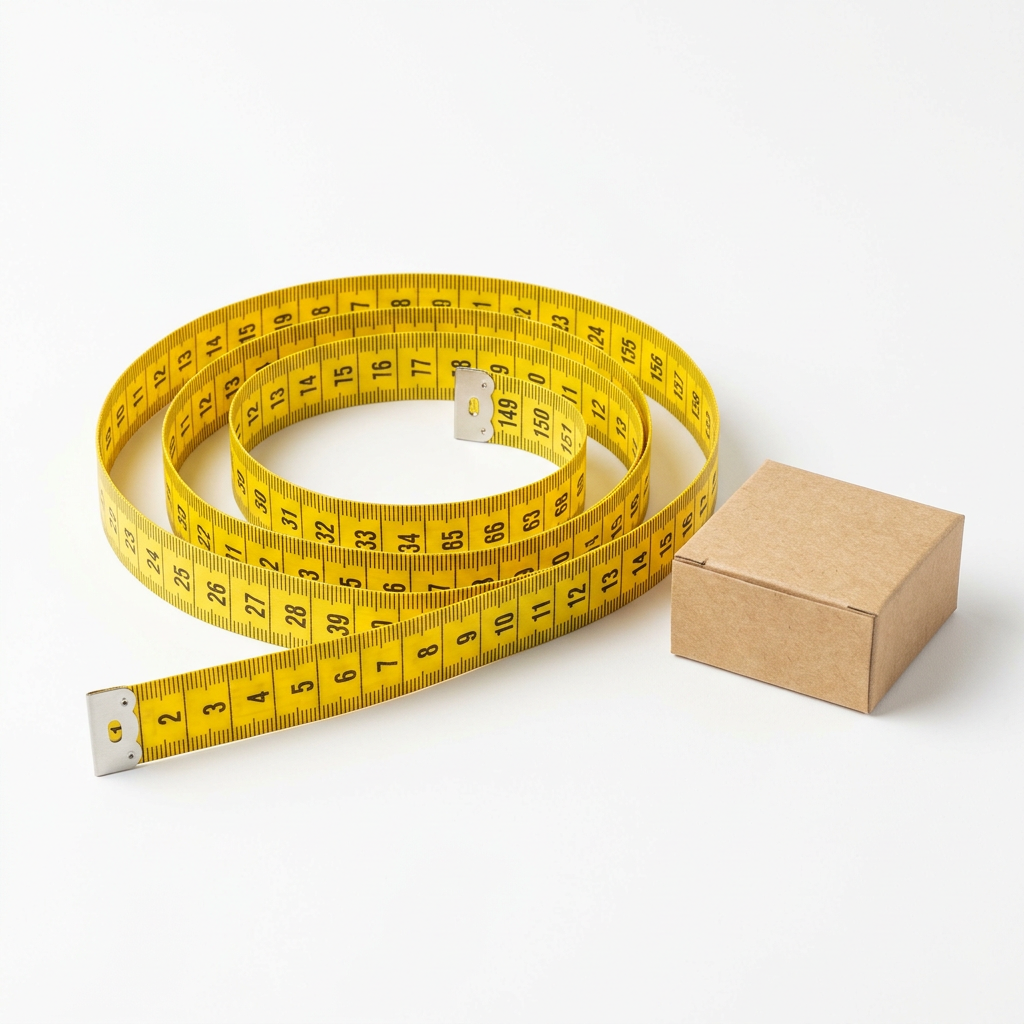 Yellow flexible measuring tape and plain kraft packaging on white