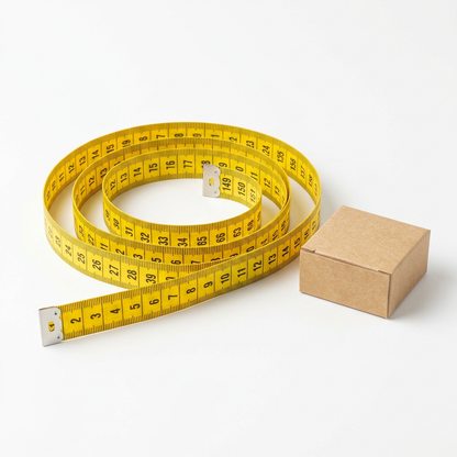 Yellow flexible measuring tape and plain kraft packaging on white