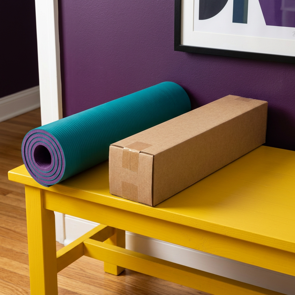 Rolled yoga mat beside its plain kraft box